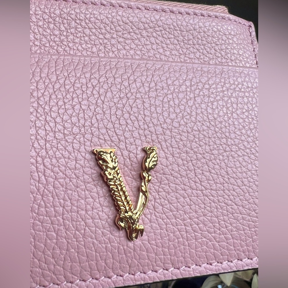 VERSACE Gold Metal Logo Virtus Calfskin Grain Pink Leather ID Card Coin Holder - Picture 5 of 12